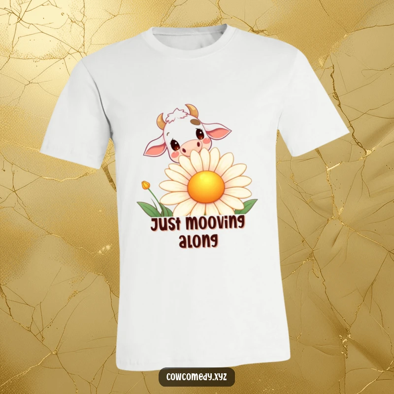 Funny t-shirt with a curious cow peeking over a huge, smiling daisy, illustrating farm-themed humor and lighthearted fun.