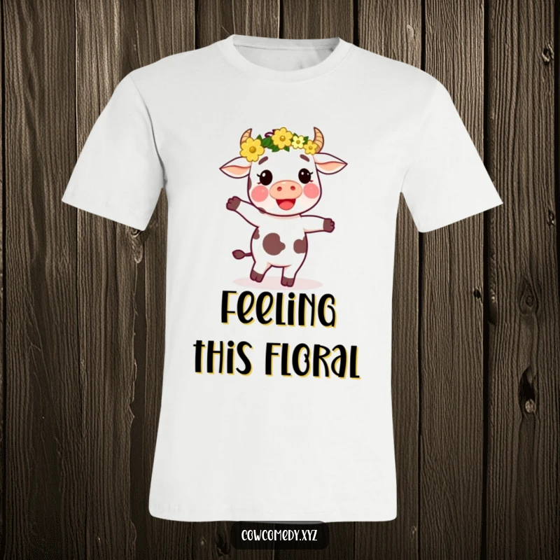 Funny T-shirt displaying a cow wearing a flower crown, dancing with abandon and radiating cheerful energy.