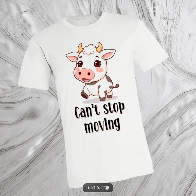 Funny t-shirt featuring a kawaii cow character joyfully tapping its hooves to an excited rhythm, full of infectious energy.
