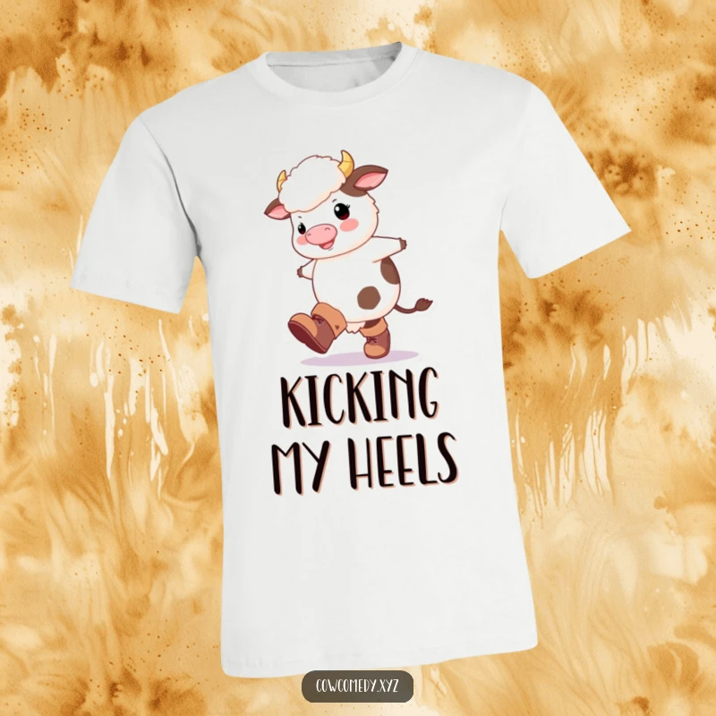 Funny Fluffy Cow T-Shirt: A cute cow wearing large boots, energetically kicking its legs with pure happiness.