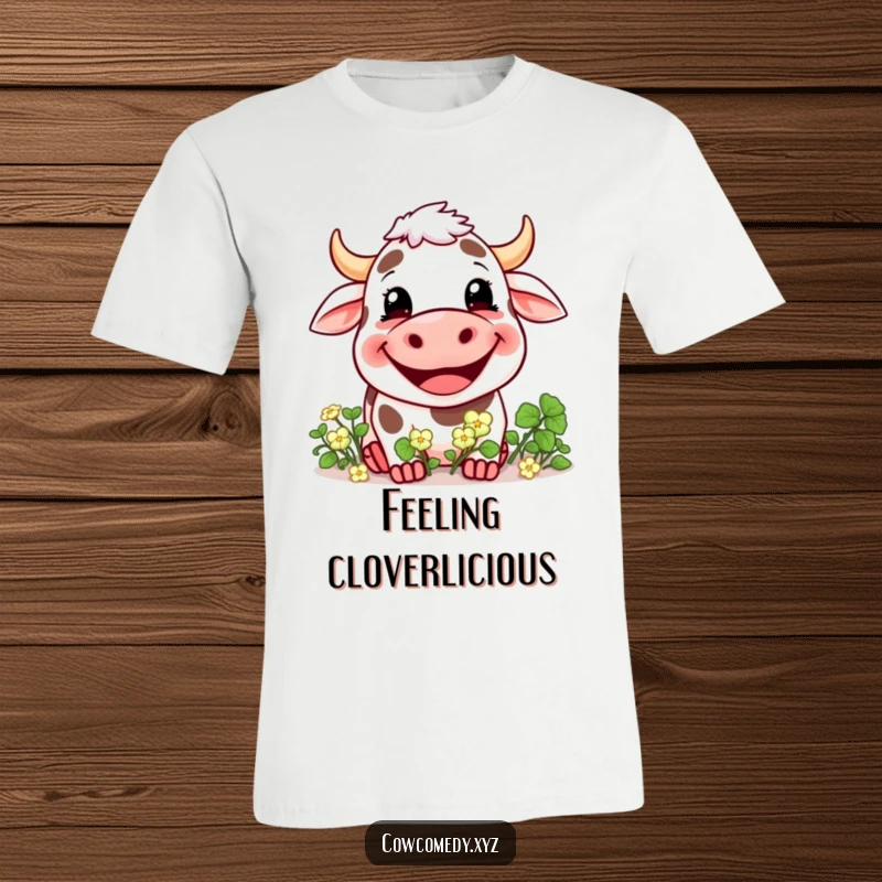 Funny t-shirt featuring a cow with an enormous, delighted grin eating a large bunch of fresh green clover.
