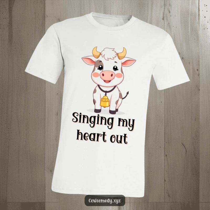 Funny T-shirt featuring a content cow wearing a bell and belting out a tune, radiating pure, unadulterated happiness.