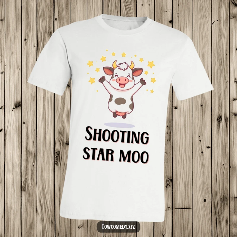 Funny t-shirt depicting a cow jumping with a shower of stars, perfect for expressing joy.