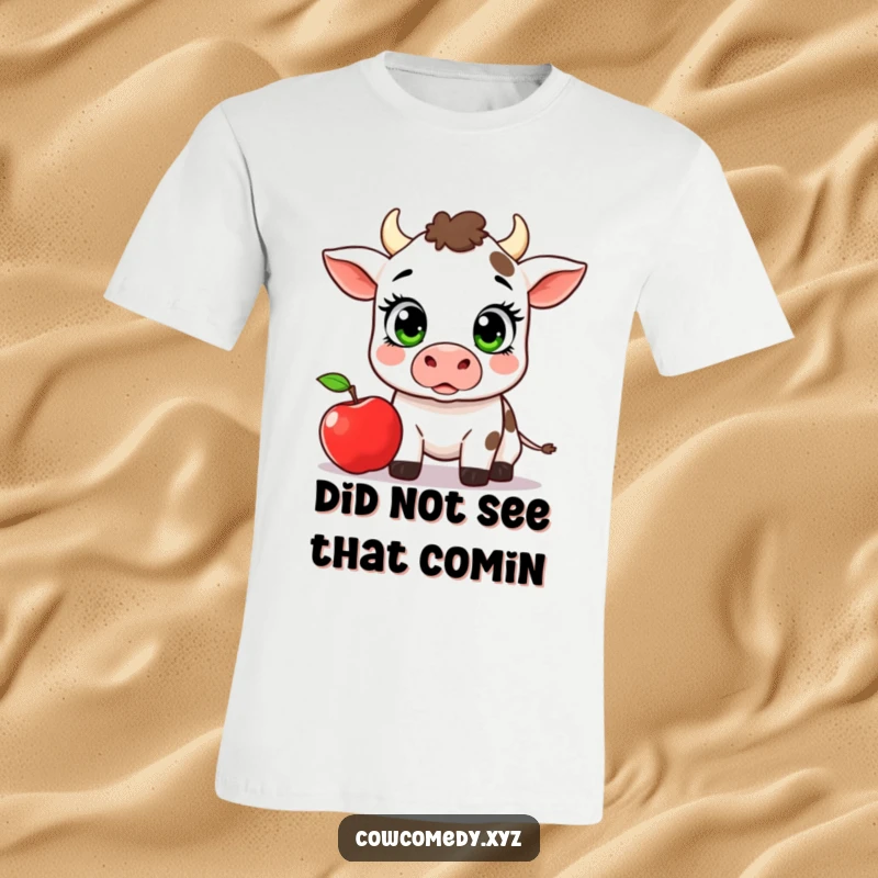 Funny Kawaii Cow T-Shirt, a cow with surprised expression seeing an apple fall, humorous and relatable.