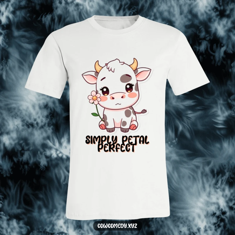 Funny Kawaii cow with a flower behind its ear blushing t-shirt, conveying adorable shyness and sweet humor.