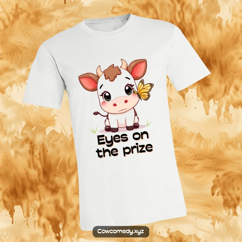 Funny Kawaii cow with wide, curious eyes, reaching for a butterfly, on a delightful t-shirt.