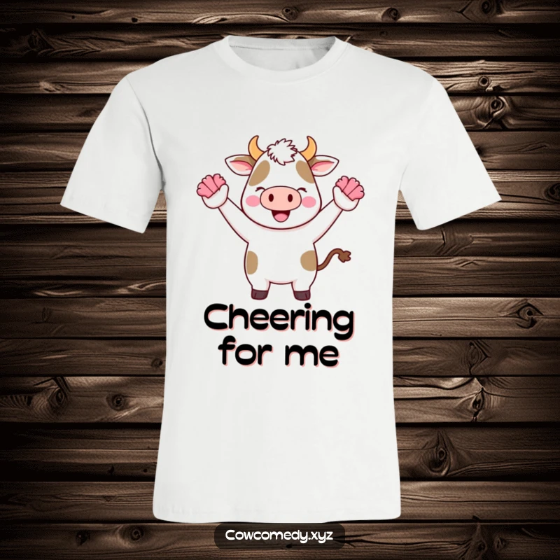 Funny Kawaii Cow T-Shirt featuring a cute cartoon cow cheering with tiny pom-poms, perfect for enthusiastic individuals.