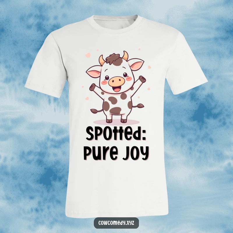 Funny Kawaii cow dancing joyfully, with spots flying around, on a fun t-shirt, a great present.