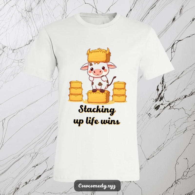Funny Kawaii Cow T-Shirt, a cow focused on balancing a stack of hay bales, humorous determination.