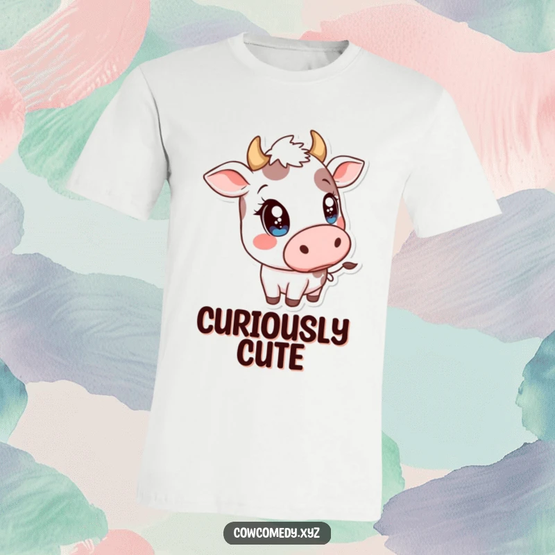 Funny Kawaii Cow T-Shirt: Adorable cow with large sparkly eyes tilting its head playfully, conveying curiosity and charm.