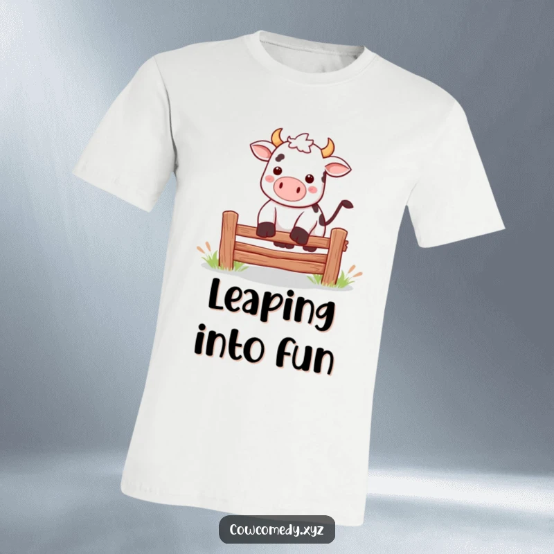 Funny Kawaii cow leaping over a fence t-shirt, conveying energetic fun and humorous silliness.
