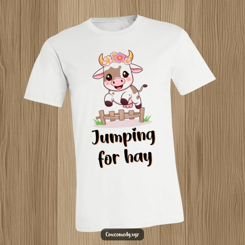 Funny t-shirt featuring a happy kawaii cow wearing a flower crown, mid-leap over a fence, full of energetic joy.
