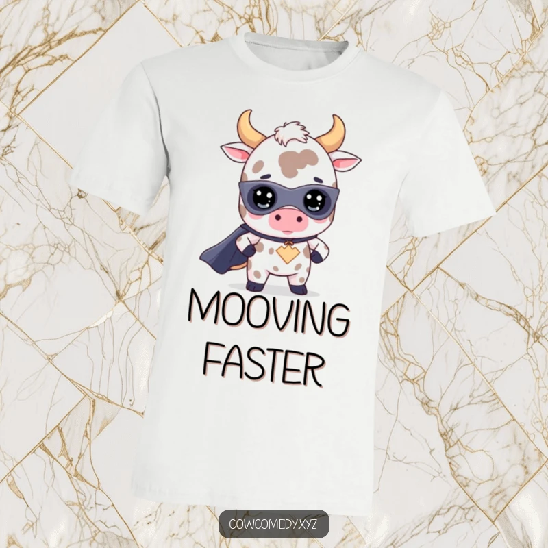Funny kawaii cow superhero t-shirt showcasing a cute bovine character in heroic costume, ready to save the day with a smile.