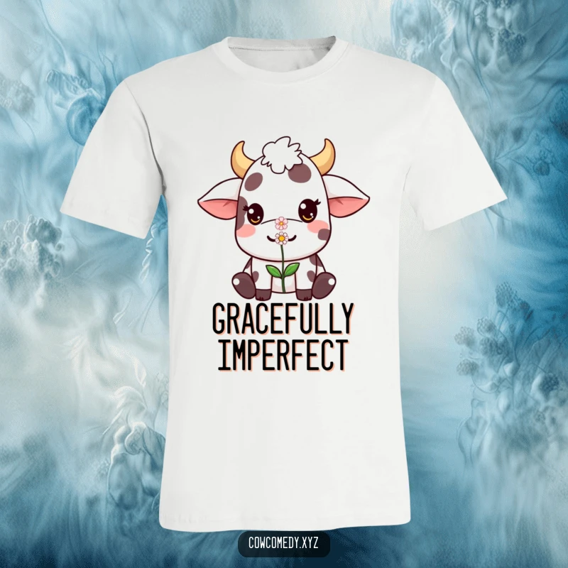 Funny Kawaii cow t-shirt depicting a cute character balancing a tiny flower on its nose, full of subtle humor and sweetness.