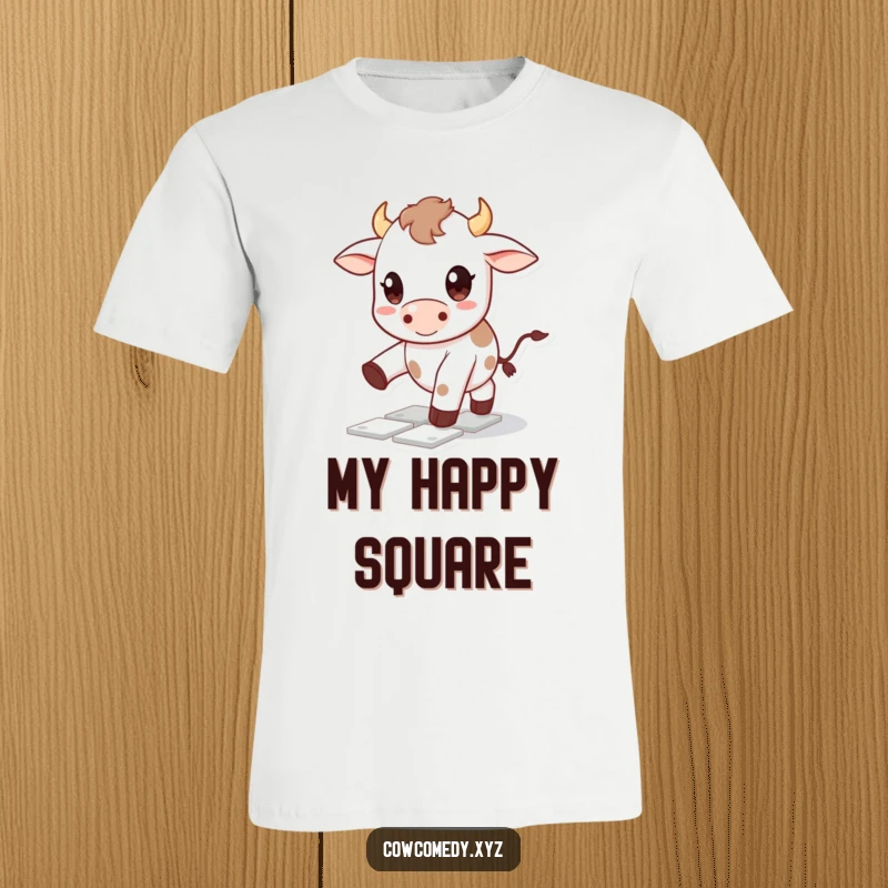Funny Kawaii cow t-shirt depicting a cute character with large, happy eyes joyfully playing hopscotch, full of innocent humor.