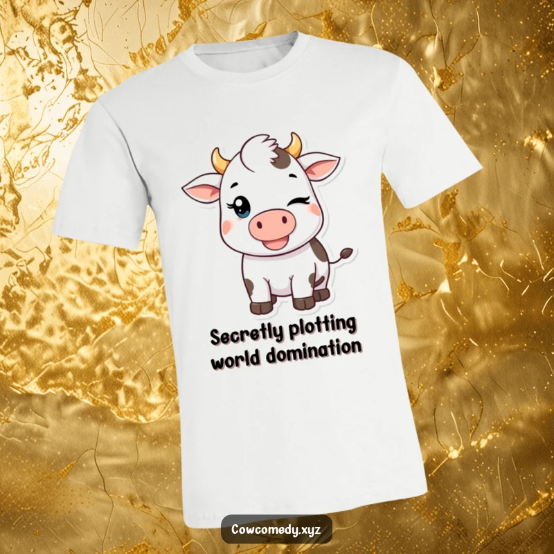 Funny Kawaii Cow T-Shirt: A cute cow character winking slyly, showcasing a mischievous grin, on a comfortable tee for daily wear.
