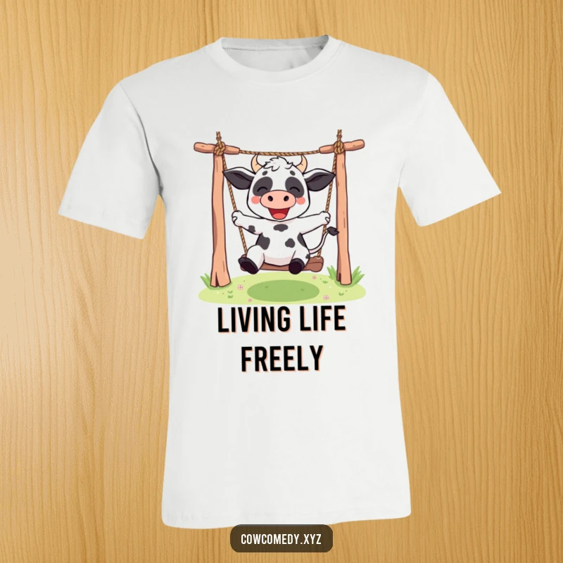 Funny Kawaii cow t-shirt depicting a cute character enthusiastically swinging high on a rope swing, full of energetic humor.
