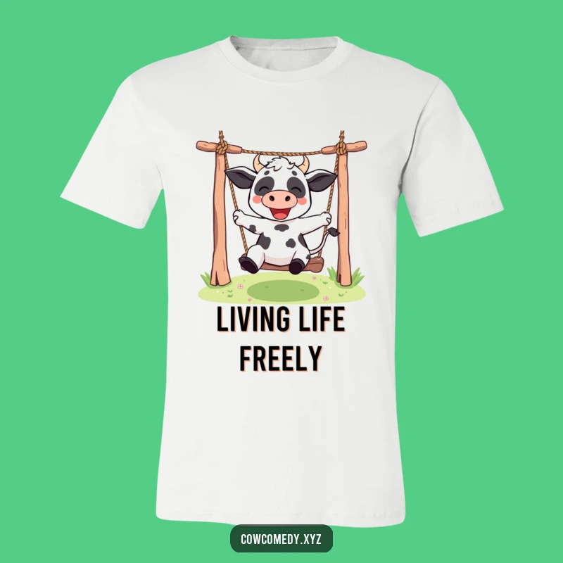 Funny Kawaii Cow T-Shirt: Rope Swing Adventure - Cute & Humorous Apparel