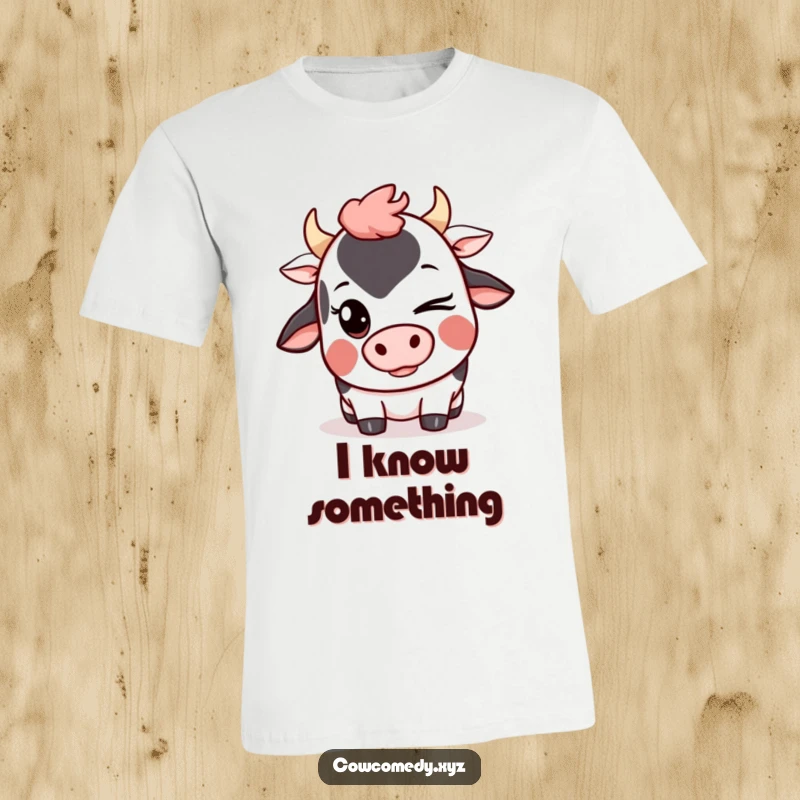 Funny Kawaii Cow T-Shirt featuring a cute cartoon cow winking with a mischievous grin, perfect for witty individuals.