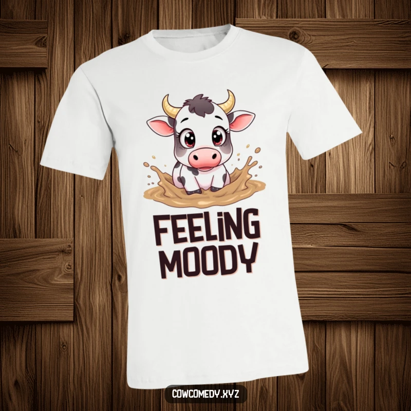 Funny T-shirt graphic of a cow with enormous eyes, playfully splashing with abandon in mud.