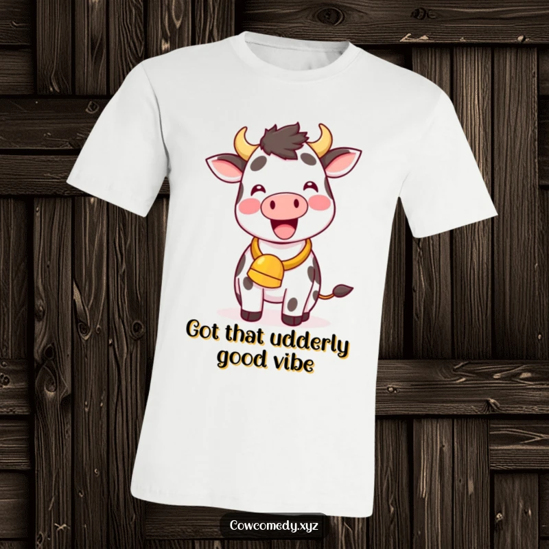 Funny Kawaii Cow T-Shirt, a delighted cow with a cowbell ringing, joyful and humorous design.