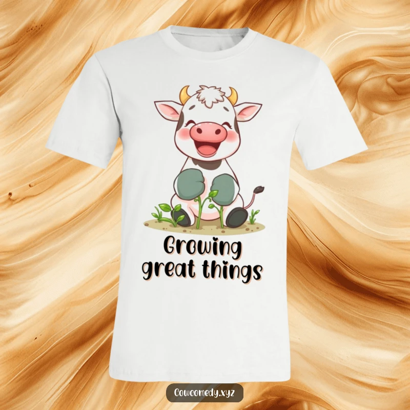 Funny t-shirt featuring a giggling cow wearing large gardening gloves while tending a tiny sprout, perfect for garden humor.