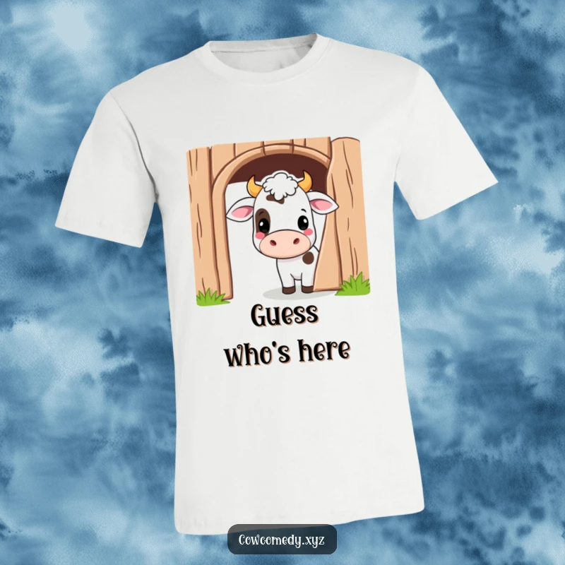 Funny Kawaii Cow T-Shirt featuring a cute cartoon cow peeking playfully from behind a barn door, perfect for playful people.