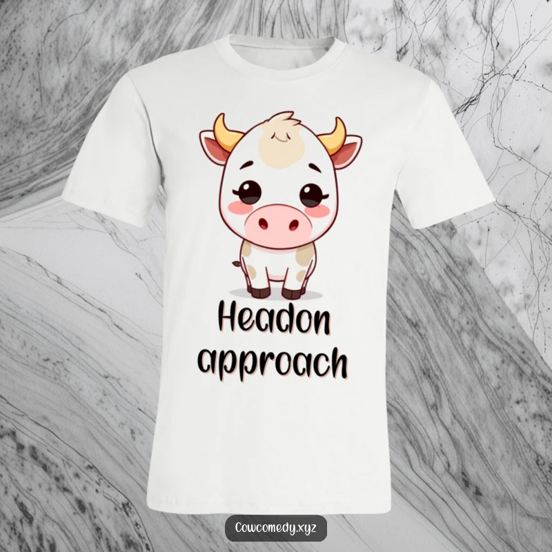 Funny kawaii cow t-shirt showcasing a cute bovine character in a funny, playful headbutt pose, ideal for casual wear.