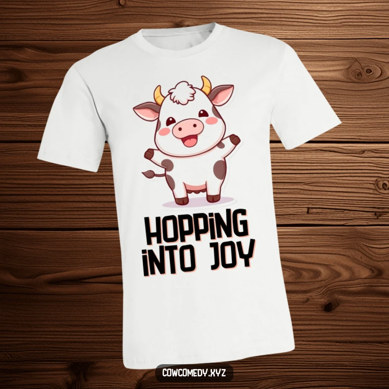 Funny Kawaii Cow T-Shirt: Cute plump cow doing a happy hop, expressing delight and cheerful energy humorously.