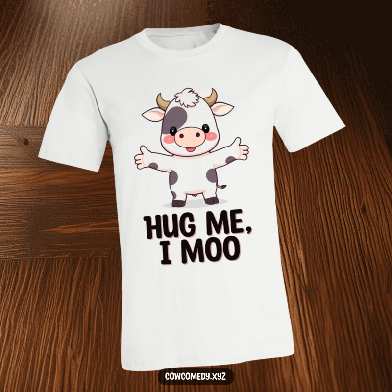 Funny t-shirt with a charming cow character extending its arms for a big, friendly hug, symbolizing warmth and affection.