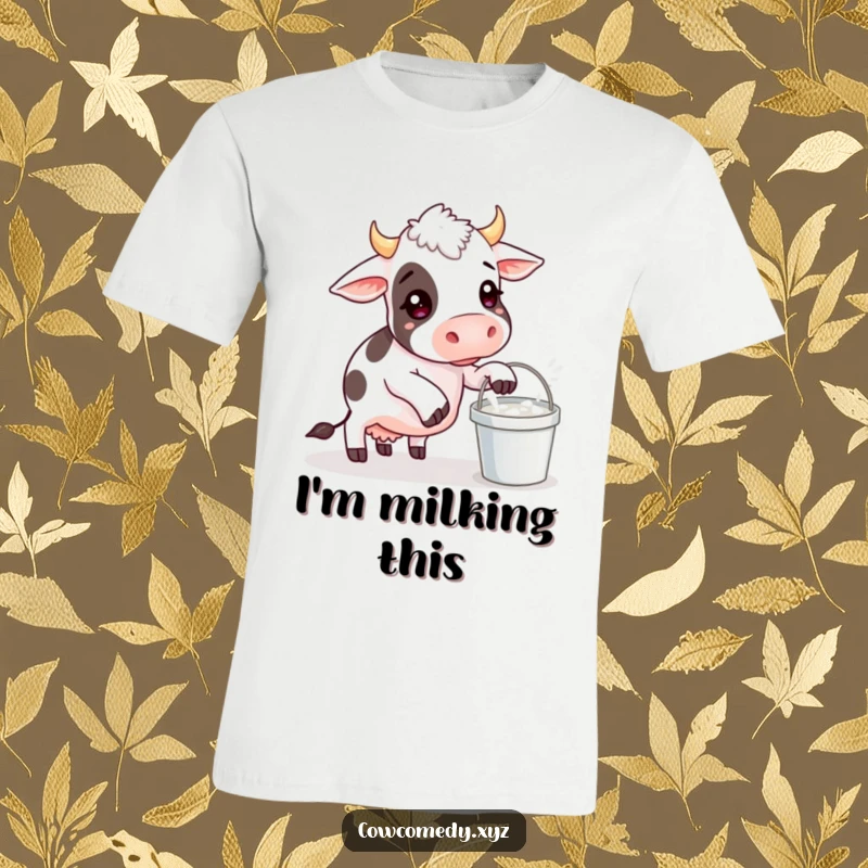 Funny t-shirt with a comical cow struggling to balance a milk bucket, milk splashing everywhere, capturing pure farmyard chaos.