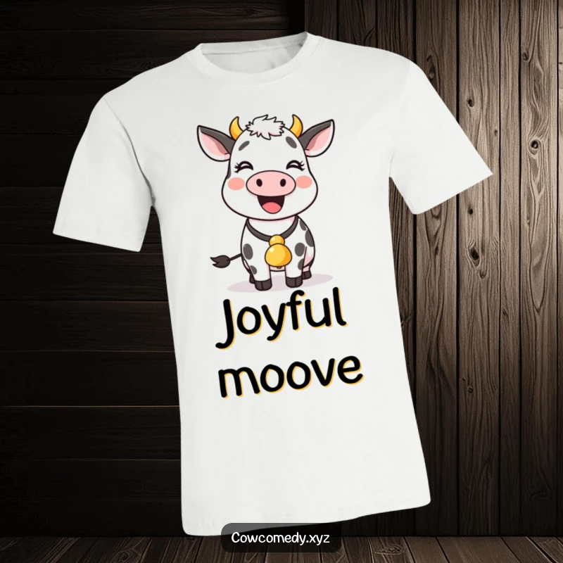 A funny cow wearing a bell joyfully wiggles its body, illustrated on this amusing t-shirt.
