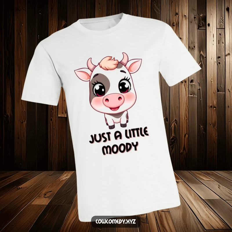 Funny t-shirt featuring a smiling cow with large, captivating eyes, giving a friendly wink for a charming look.