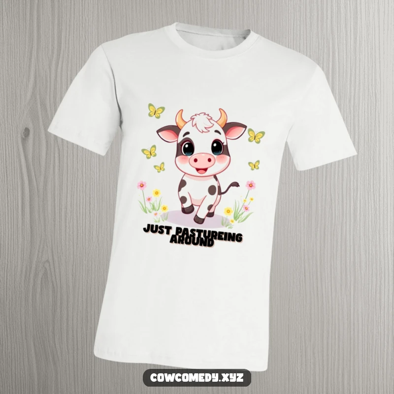 Funny t-shirt featuring a gleeful cow enthusiastically chasing butterflies across a vibrant meadow, capturing a moment of pure, joyful abandon.
