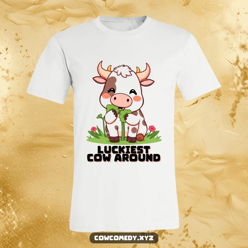 Funny T-Shirt: A Kawaii cow joyfully eats a giant clover, spreading happiness and lucky vibes.