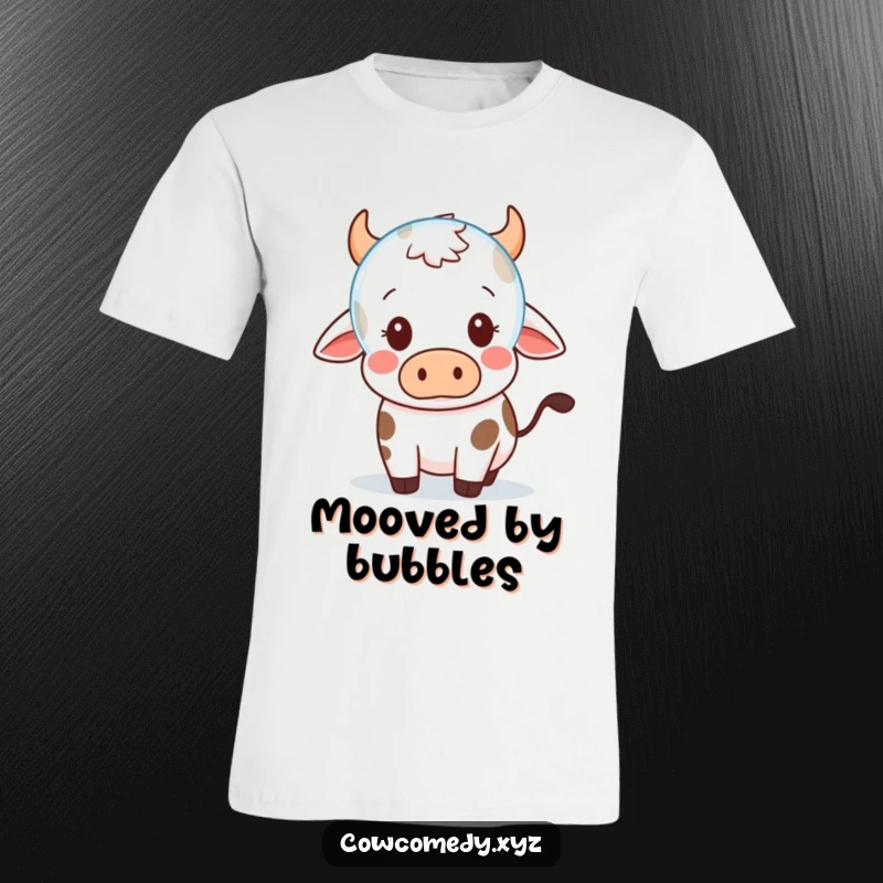 Funny T-Shirt: A Kawaii cow's eyes widen in surprise at a floating bubble, showcasing adorable, unexpected moments.