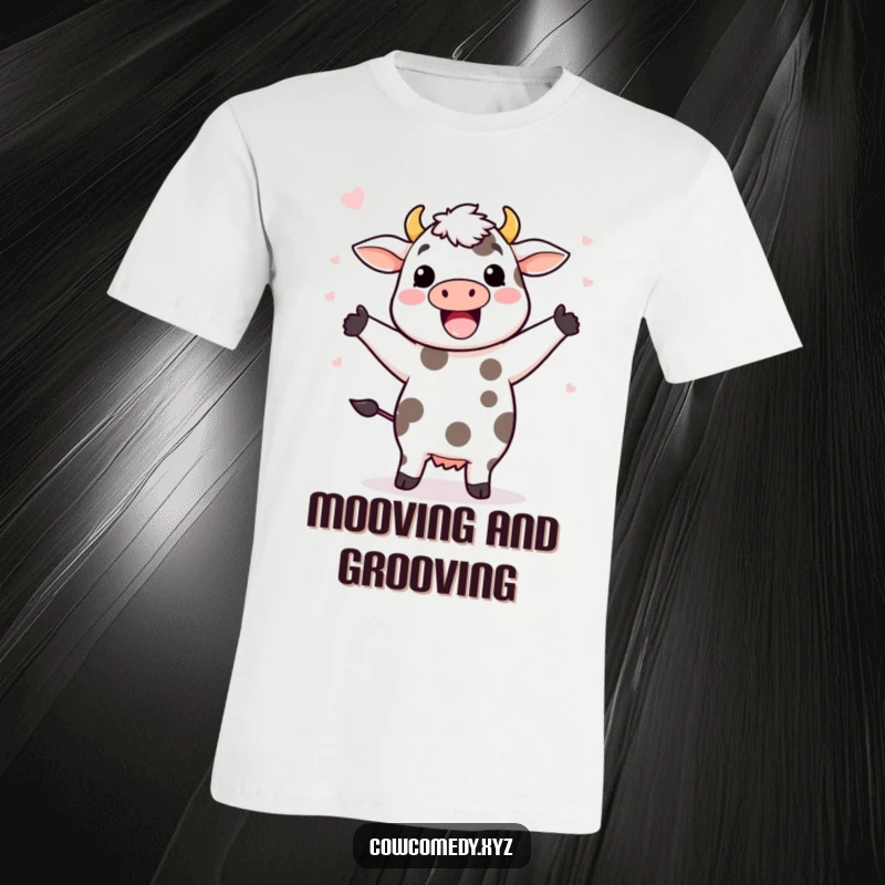 Funny t-shirt featuring a Kawaii cow in a lively happy dance, with spots playfully flying off its body with glee.