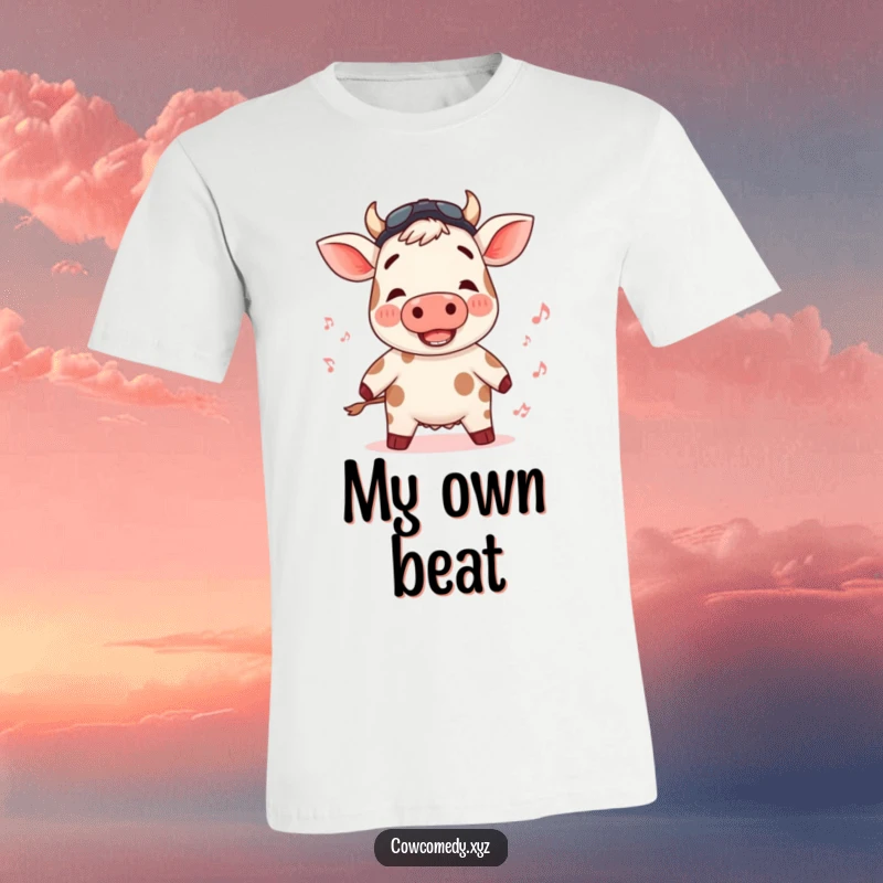 Funny t-shirt with a cow featuring rosy cheeks, bopping to an unseen rhythm, a musical delight.