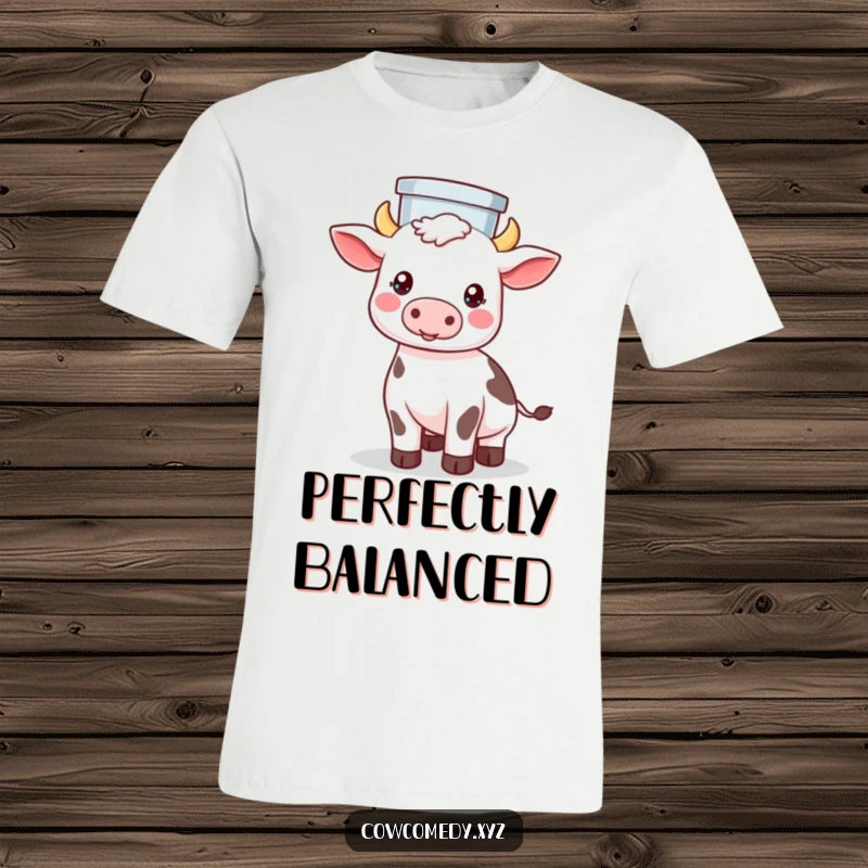 Funny t-shirt featuring a Kawaii cow with impressive balance, holding a milk pail steady on its head.