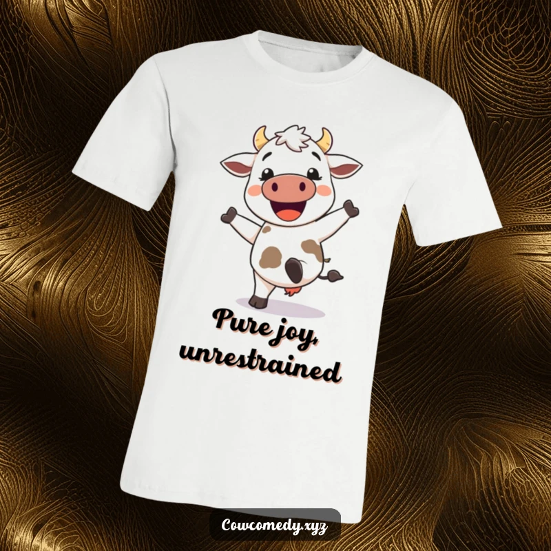 Funny Kawaii Cow T-Shirt: Playful cow with a big grin doing a happy kick, ideal for expressing joy and humor.