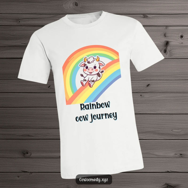 Funny cow t-shirt, featuring a smiling cow character sliding down a rainbow, symbolizing fun and whimsical humor.
