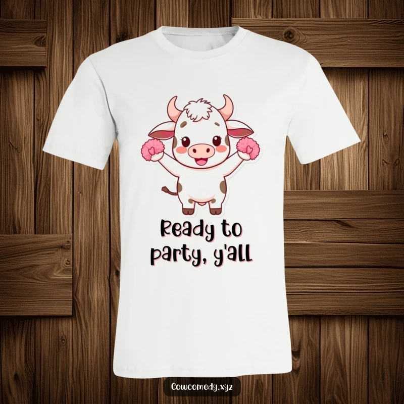Funny Kawaii Cow T-Shirt: A cute cow character enthusiastically cheering with tiny pom-poms, perfect for showing support and spreading cheer.