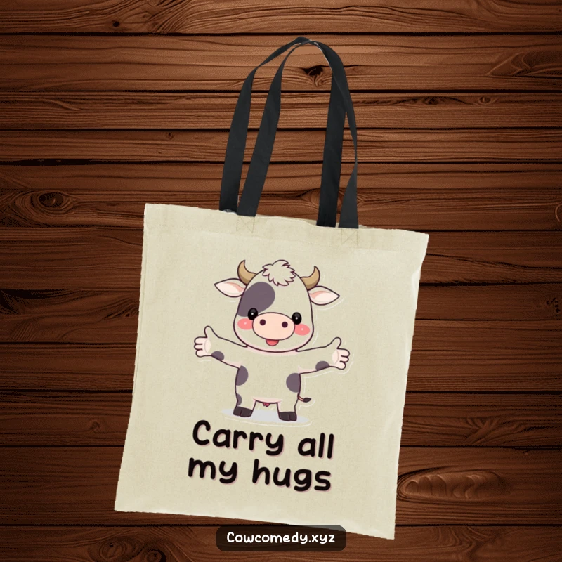 Funny tote bag depicting a friendly cow character with arms outstretched, offering a warm hug while carrying your items in style.