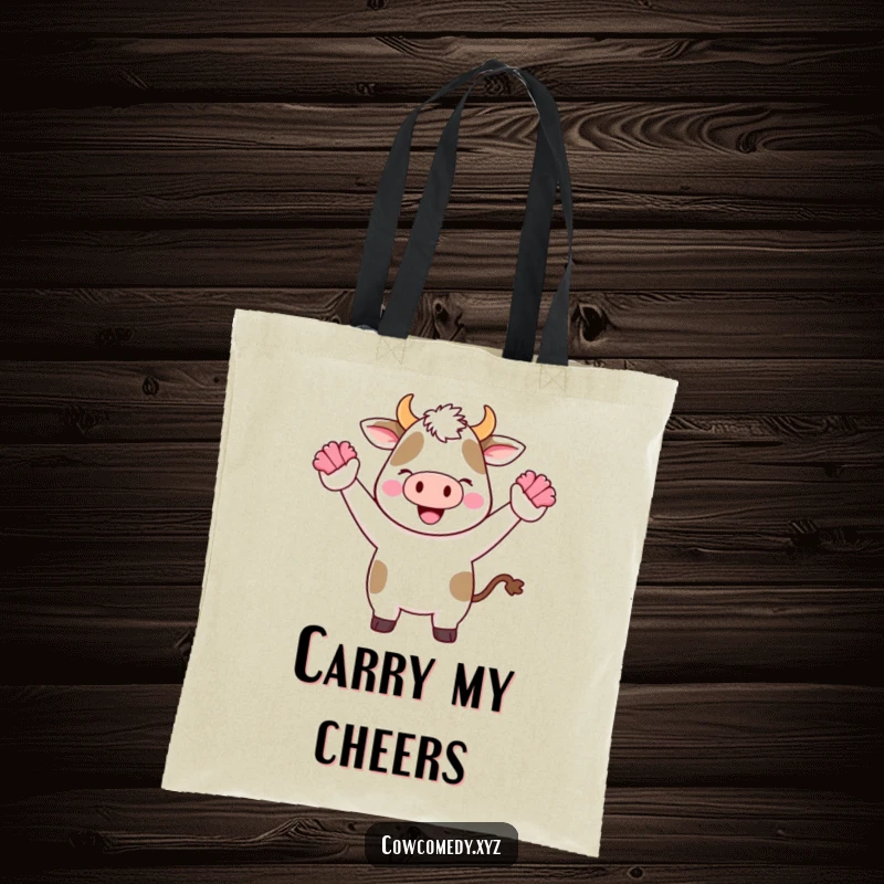 Funny Kawaii Cow Tote Bag showcasing a cute cartoon cow cheering with tiny pom-poms, ideal for energetic outings.