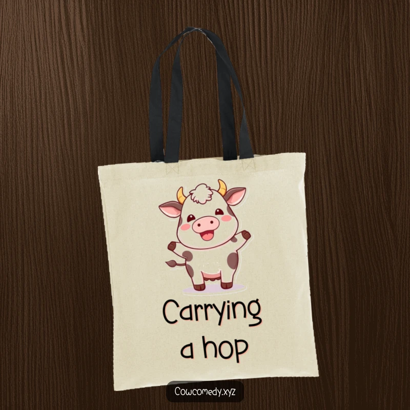 Funny Kawaii Cow Tote Bag: Cute plump cow in mid-hop, with a delighted expression, perfect for humorous shopping.