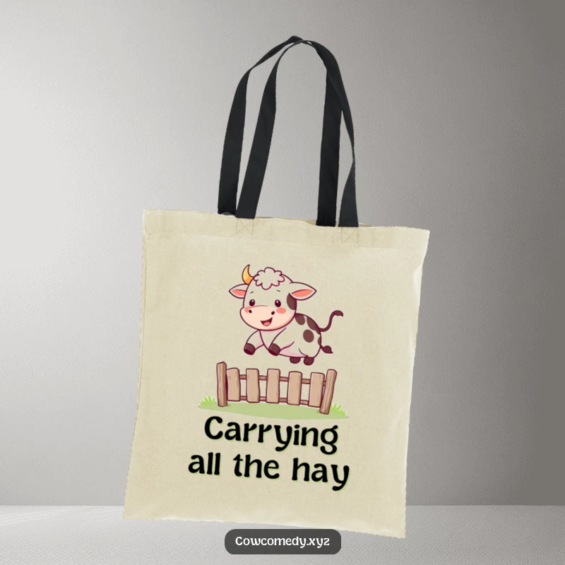 Funny tote bag with a happy cow mid-jump, playfully leaping over a small fence.