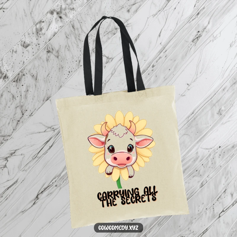 Funny kawaii cow tote bag, showing a curious cow peeking from behind a large daisy, a stylish and humorous accessory.