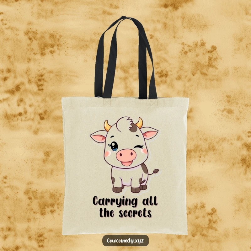 Funny Kawaii Cow Tote Bag: Features a cute winking cow with a mischievous smile, perfect for shopping or everyday use, a delightful funny gift.