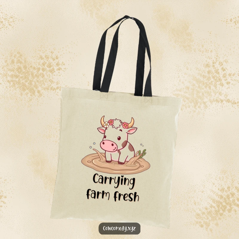 Funny tote bag showing a happy cow playfully splashing in a mud puddle, with flowers on its horns, ideal for carrying essentials.