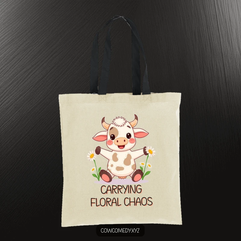Funny Kawaii Cow Tote Bag: Humorous design of a cow juggling large daisies, perfect for carrying essentials with style.